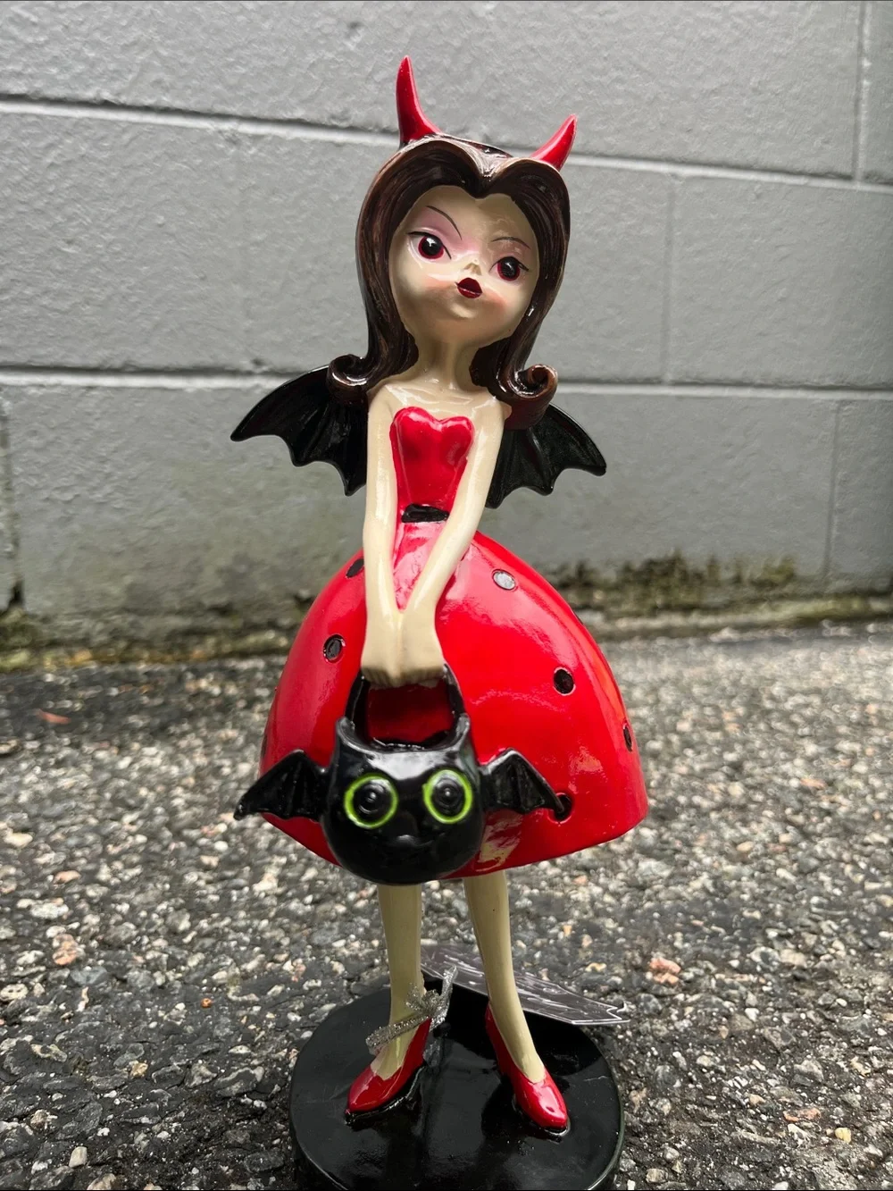 Red Devil Girl Figurine with Bat Handbag - Decorative Home Accent